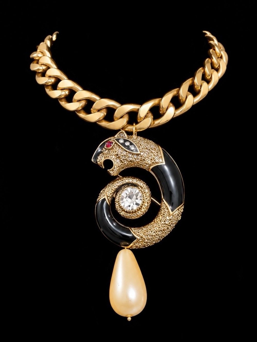 Gold-Tone Black Enamel Panther Pendant Necklace with Pearl Drop